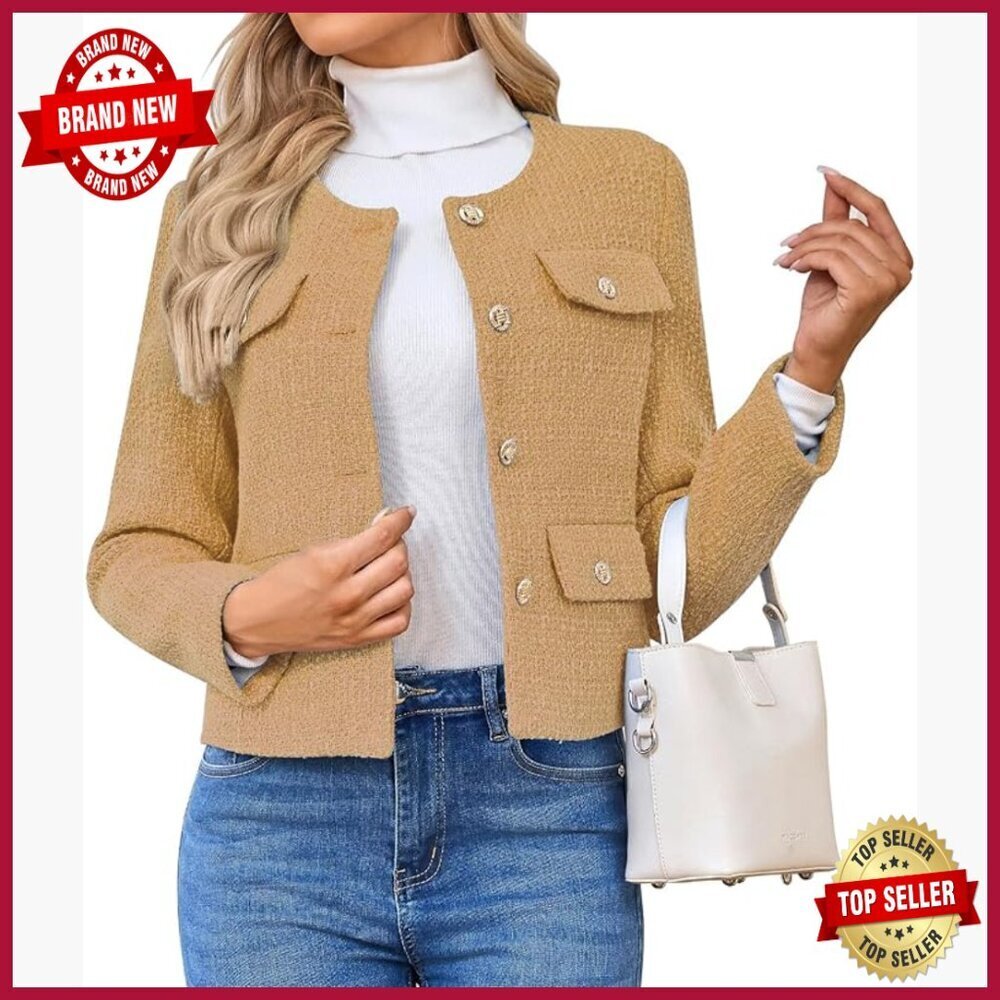 Tweed Blazer Cropped Tailored Button Down Jacket Casual Business Wear